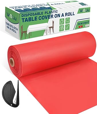 Plastic Table Cloth Roll 54 Inch x 120 Feet Red Disposable Tablecloth, Table Cover with Cutter for Weddings, Christmas, Thanksgiving, Banquets, Parties
