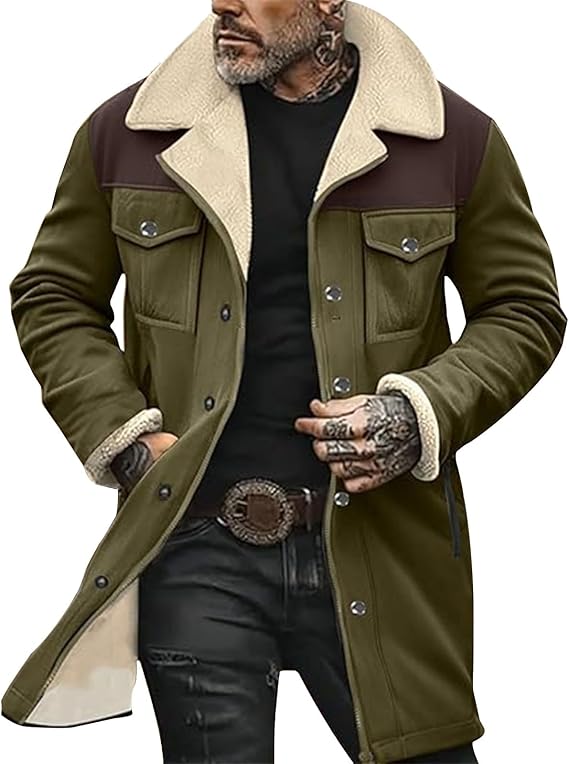 Mens Western Cowboy Vintage Suede Jacket Plush Collar Coats Faux Leather Winter Long Jackets Zip Up Casual Retro Tops