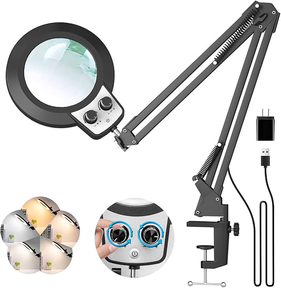 KIRKAS 12X Magnifying Glass with Light and Stand, Overhead Dual Knob