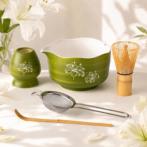 Buucup Matcha Set, Avocado Green Ceramic Bowl Kit with Spout