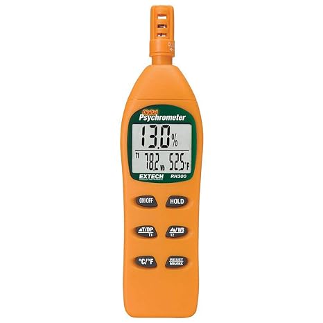 Extech RH300 Hygro-Thermometer Psychrometer, Switchable F/C Temperature Units with 0.1 Resolution, Data Hold Freezes Current Reading on Display, Max/Min Readings