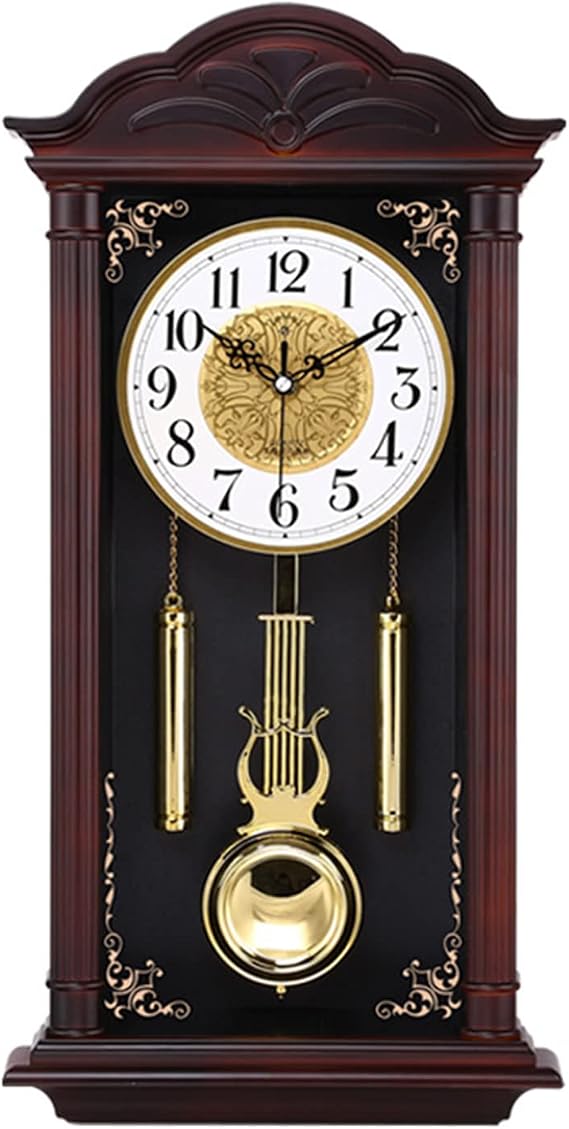 Grandfather Wood Wall Clock with Chime Pendulum - Silent Classic Chiming Wall Clock with Swinging Pendulum for Traditional Home Decor in Brown Wood
