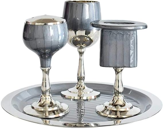 Havdalah Set Metal Covered with Enamel - Slate Blue/Grey - Includes Matching Kiddush Cup Goblet and Tray, Havdualah Candle Holder, Besamim Spice Box - End of Shabbat Gift Set by Zion Judaica