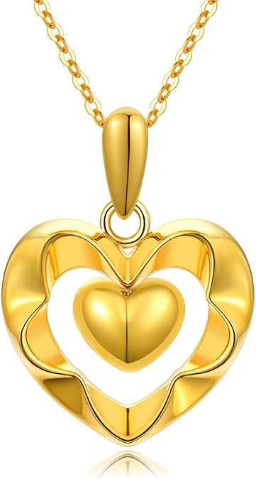 18k Real Gold Heart Necklaces for Women, Dainty Yellow Gold Luster Love Heart-shaped Pendant Anniversary Jewelry Gifts for Her, Mom, Wife, 18"