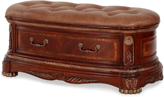 Michael Amini Cortina Brown Leather Bedside Bench with Solid Poplar Wood Frame, Cushioned Upholstery, Sturdy Build for Bedroom Seating and Storage Solutions