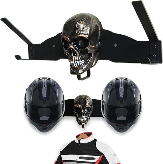 Metal Helmet Wall Mount for 2 Full Face Helmets, Garage Organizer & Gear Rack with Removable Skull Art, Ideal Gift for Fathers Day