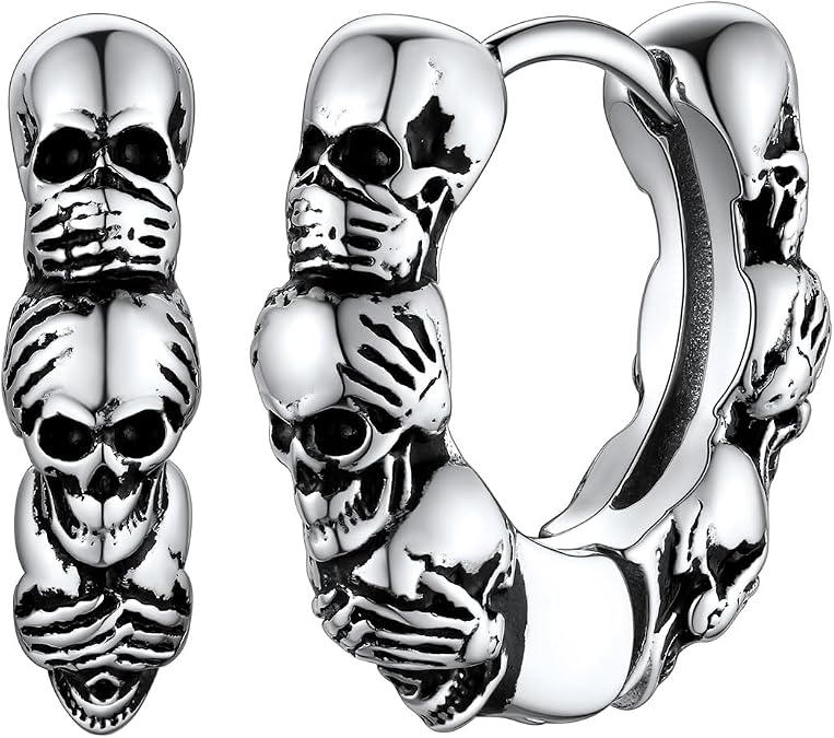 FaithHeart Skull Hoop Earrings for Men Silver/Black/Gold Stainless Steel Gothic Huggie Hoops Earring Lightweight Hypoallergenic Punk Cool Rapper Hip-hop Ear Jewelry Gifts