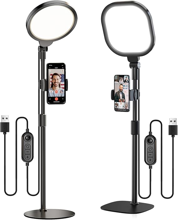 2 Packs Desk Ring Light Zoom Lighting Bundle for Video Conference | 1 Pack Desk Light (Square Light Head) + 1 Pack Desk Lamp (Round Light Head), CRI 97.8, 3000-6500K, 30 Lighting Modes for Webcam Call