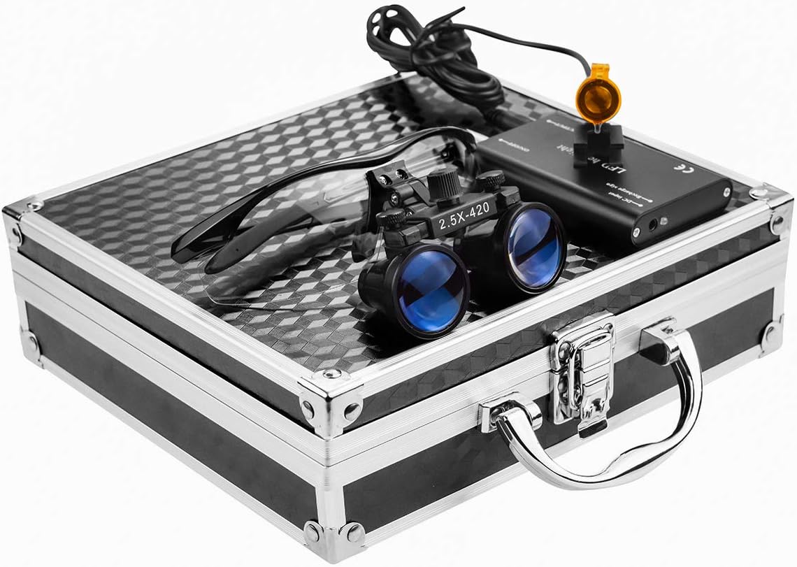 3W Headlamp with Filter  2.5X 420 Binocular Loupes Magnifying Glasses Aluminum Box Black