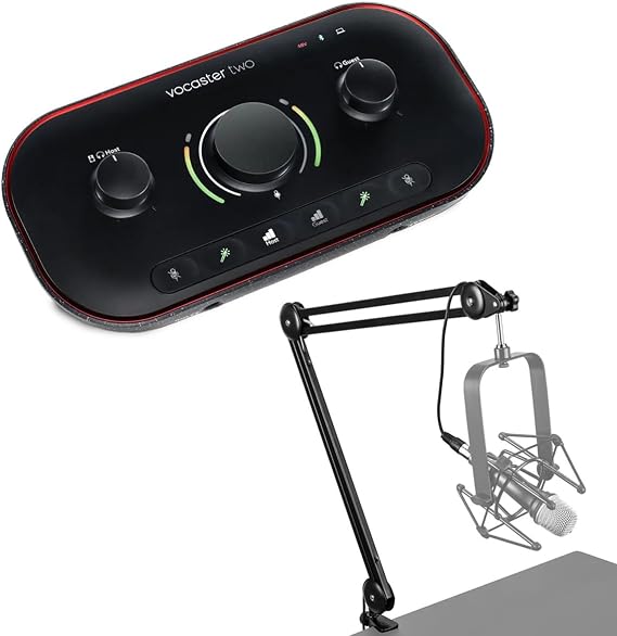 Focusrite Vocaster Two Podcast Interface for Solo Content Creators, Bundle with H&A Broadcast Arm and 10' XLR Cable