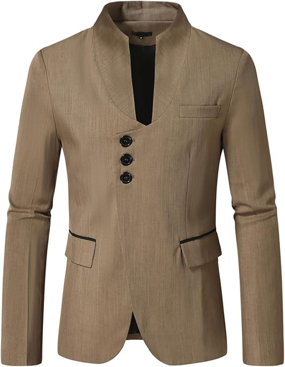 Mens Retro Blazers Stand Collar Modern Elegant Asymmetrical Suit Jackets Wedding Tuxedo Sport Coats with Pockets Khaki