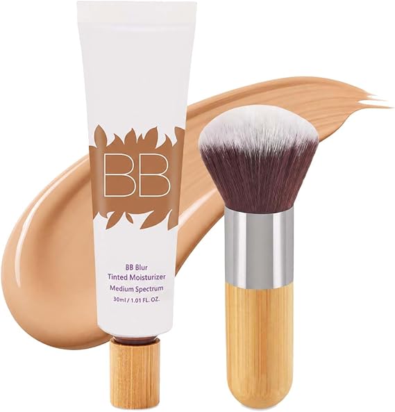 BB Blur Tinted Moisturiser with Brush for Soft-Focus Matte Finish & Dewy Glow - Lightweight Hydrating BB Cream Medium Spectrum, Full Coverage, Evens Skin Tone, Minimises Pores, Natural (1PCS)