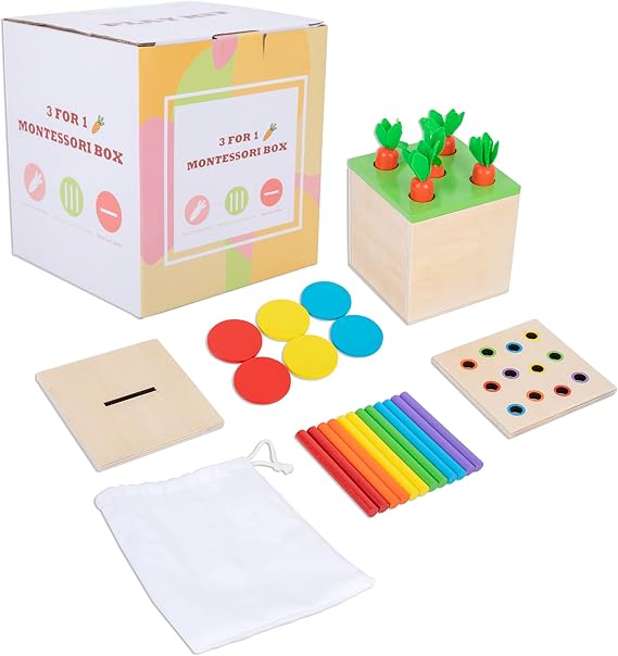 Wooden Montessori Toys for 2 3 Year Old, Play Kit BoxCarrot Harvest Games