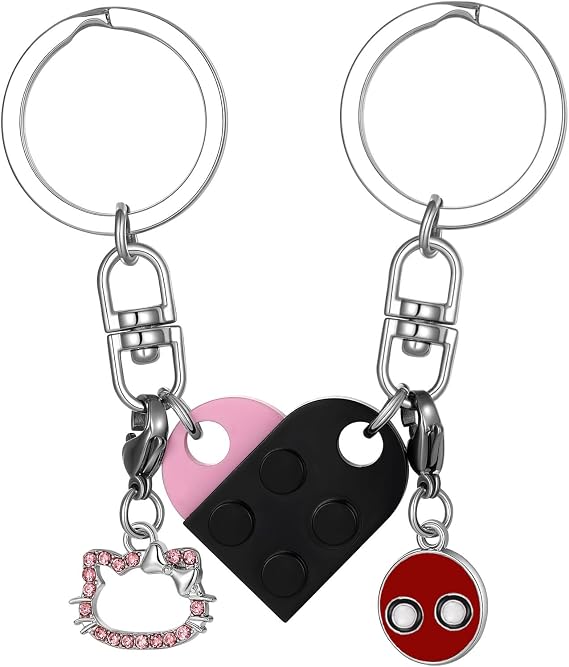 Matching Heart Keychains for Couples Best Friend Brick Heart Keychain Set with Spider Charms Valentines Day Gifts