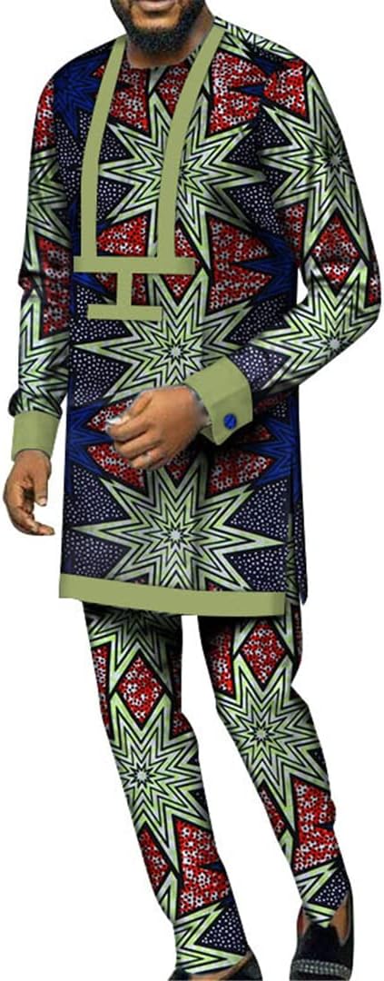 2 Pieces Set Men African Clothes Long Sleeve Print Shirt and Pants African Outfits Set Dashiki Bazin Riche Men Suits