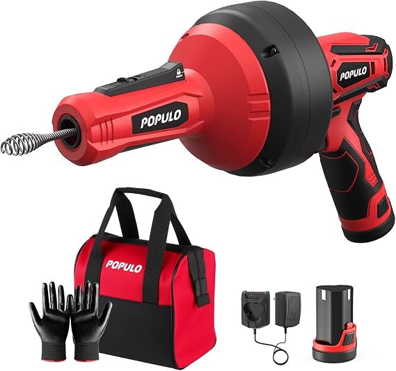 POPULO 12V Cordless Electric Drain Auger, Auto-Feed Plumbing Snake with 16.8Ft Cable, Power Drain Cleaner Tool for 3/4" to 2" Pipes, Includes Battery & Storage Bag (for Kitchen, Bathtub, Shower Sinks)