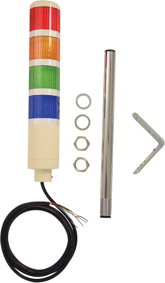 4 Stack Super Bright LED Tower Light, Flashing, Red/Amber/Green/Blue, 12 inch Threaded Pole, Right Angle Bracket, 5 Foot Pre-Wired Leads 24V AC/DC (NO Power Cord OR Controls Included)