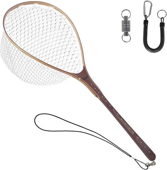 Aventik Fly Fishing Landing Trout Fishing Wooden Net with Magnet Release Soft Rubber Net Bag Catch & Release Great Protection for Fish