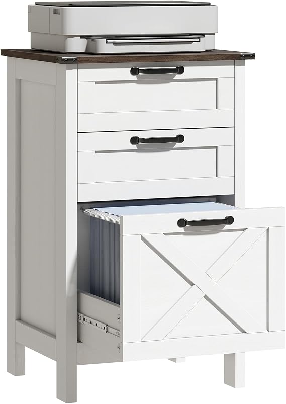 HOMCOM 3 Drawer File Cabinet Printer Stand Silent Slides Distressed White | Vertical Filing Cabinet for Hanging A4/Letter Size, Rustic Farmhouse Printer Stand with Storage, Home Office