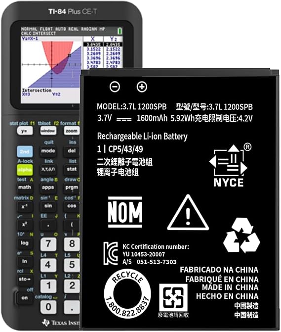 TI-84 Plus CE Battery,[2026 New Upgraded] 1600mAh Fits Texas Instruments TI-84 Plus CE,TI Nspire CX/CX IITI Nspire CX CAS/CX II CAS,P/N:P11P35-11-N01/For 3.7L1200SPB High Capacity Battery