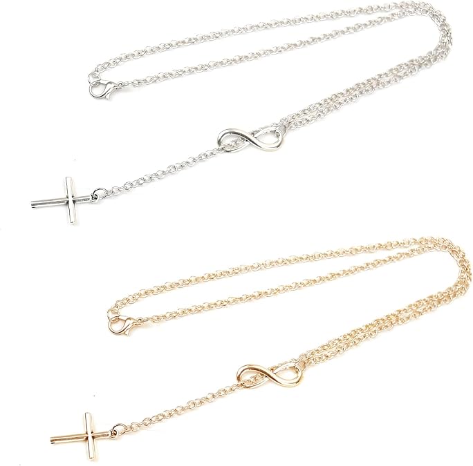 2 Pack Gold Necklace for Women Dainty Infinity Cross Pendant Necklace, Non-Tarnish & Waterproof, Layered Jewelry for Everyday Wear, Simple Trendy Choker, Faith Christian Cross Gift