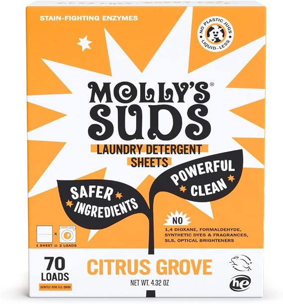Mollys Suds Laundry Detergent Sheets | Gentle on Sensitive Skin, Powerful Bio-Based Enzymes, Stain-Fighting | Liquidless & Plastic-Free Packaging | 70 Loads (Citrus Grove)