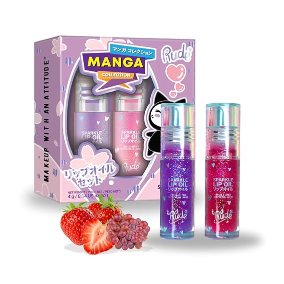 RUDE Cosmetics Lip Oil for Women, Hydrating Lip Gloss Oil Set, Lightweight & Nourishing, Moisturizing Care with a Glossy Finish, Ideal for On-the-Go Care, Manga Collection/Strawberry & Grape