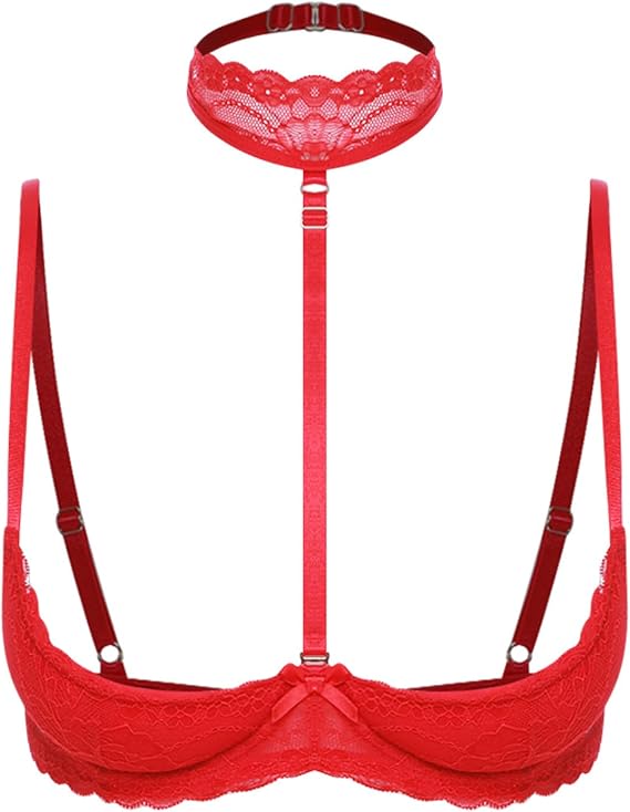 dPois Women's Sexy Lingerie Lace 1/4 Cups Underwired Bra Tops Halter Push Up Shelf Unlined Brassiere