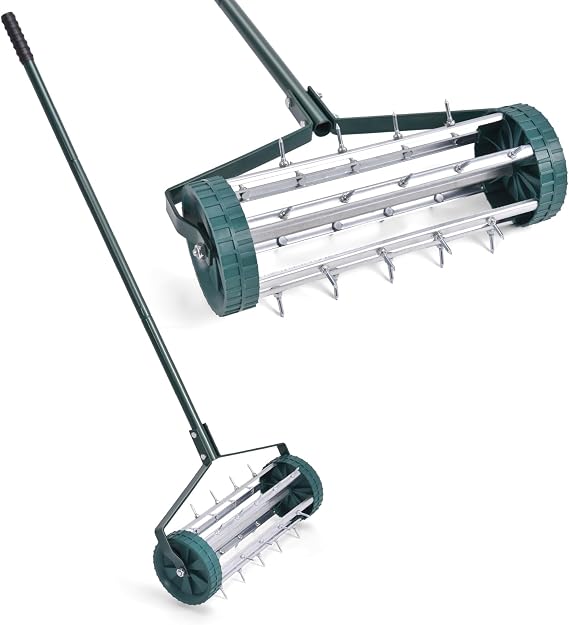 GYMAX Lawn Aerator, 17inch Heavy Duty Rolling Aerator with Sharp Spikes & Anti-Slip Handle, Push Grass Aerator for Lawn, Garden, Yard, Manual Aerator Tool (Basic)