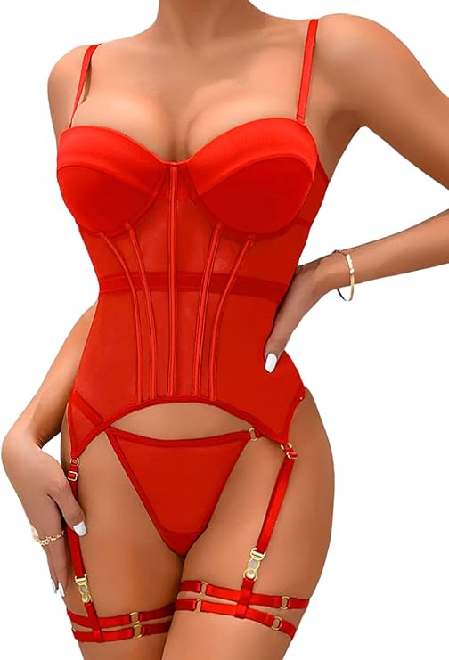 EHSUYAB Retro Bustier Bodysuit For Women, Leg Strap, 3Pc Corset Garter Lingerie