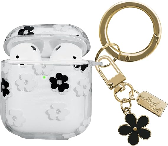Compatible with AirPods Case Cover, Soft TPU Case with Cute Flower Pattern for AirPods 2&1 Generation Case with Pendant Keychain and Carabiner for Girls Women (Black)