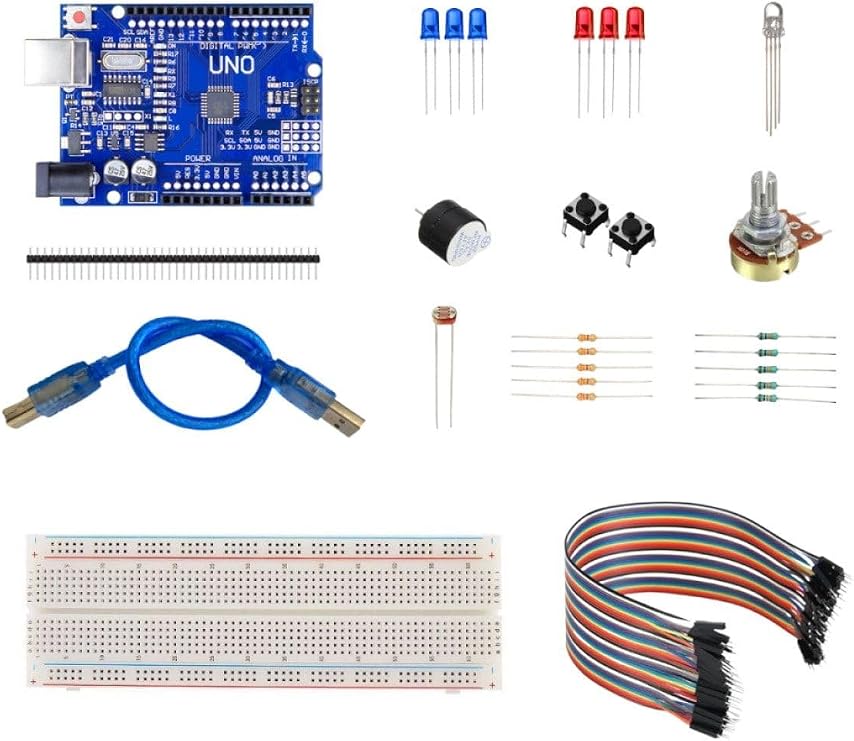Arduino Uno Ekonomik Başlangıç Seti, CH340 Klon Kart, Breadboard, LED, Jumper Kablo, Direnç, Potansiyometre, LDR, Buzzer ile Komple Proje Kiti