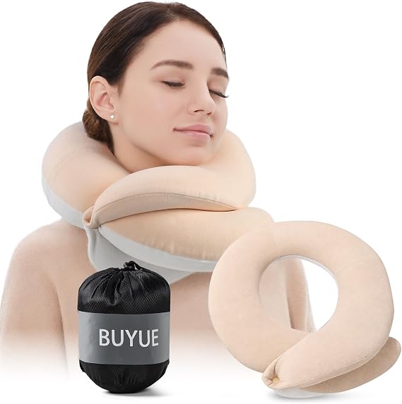 BUYUE Travel Neck Pillows for Airplanes, Memory Foam 360 Head Support Sleep for Long Flight, Skin-Friendly & Breathable, Kit with Eye Mask, Earplugs and Storage Bag (Adult, Beige, 90+ lbs)