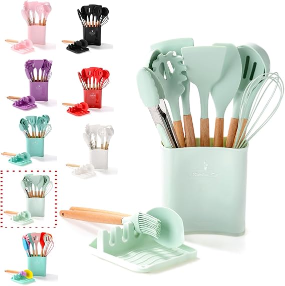 Green Silicone Cooking Utensils Set, 13pcs Kitchen Tools with Wooden Handle, Rest for Utensils and Pot Lid, Non-Stick Silicone Spatula, Tongs, Whisk.