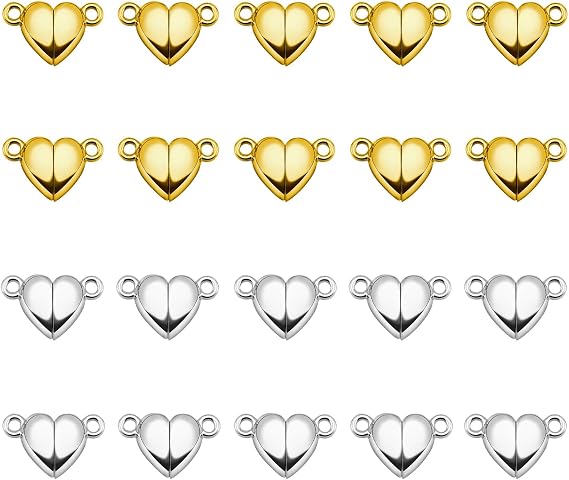 Heart Shaped Magnetic Clasps for Jewelry Making, Gold and Silver, 20-Pack Necklace Bracelet Closures (10gold10silver/10mm)