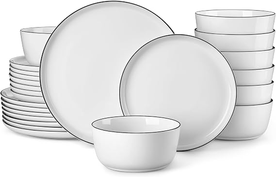 MALACASA 24-Piece Dinnerware Set for 8, White Black-Rim Porcelain Dishes