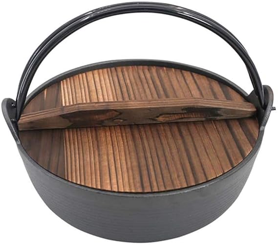 Cast Iron Pan, Japanese Cast Iron Thicken Sukiyaki Pot with Wood Non-Stick Pan, Japanese Hot Pot, Multi-Purpose Cast Iron Stockpot Stove Uncoated-19cm