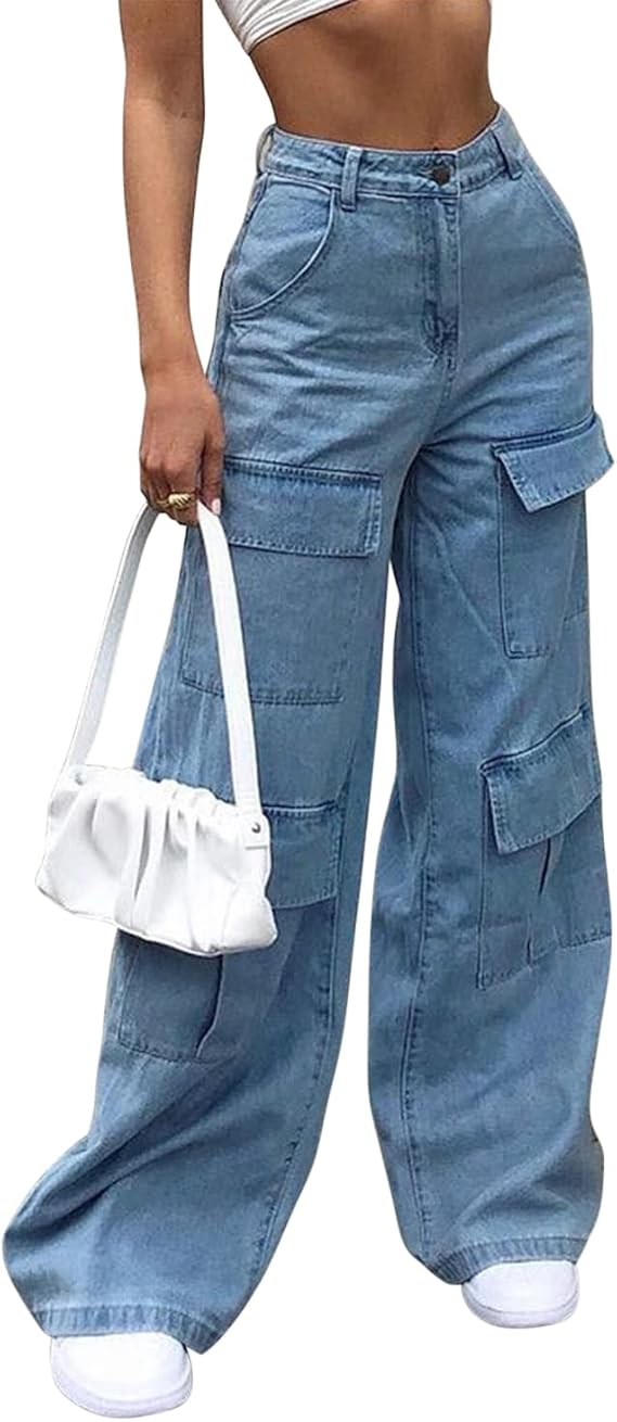 Baggy Jeans for Women Cargo Trousers Y2K High Waisted Denim Pants Women Wide Legs Jeans with Pockets Vintage Casual Fashion Streetwear Size 6-20 for Ladies Tees Girls