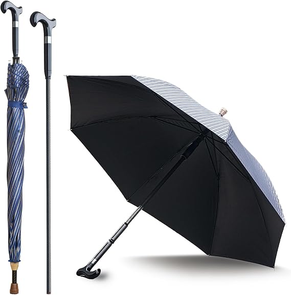 Walking Cane Umbrella For Taller, Heavy Duty Stick Umbrella With Longer Carbon Fiber Cane, Large Walking Stick Umbrella Crutch Umbrella - Ideal Gift For Night Hiking Rainy (Blue Stripe Extra Long)