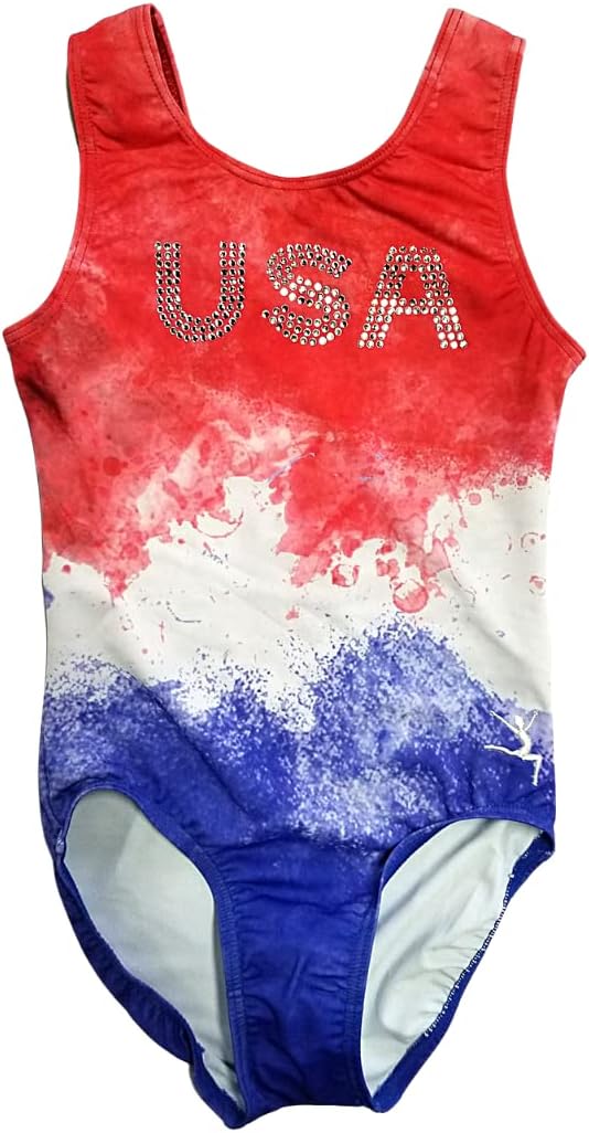GymnasticsHQ Gymnastics Leotard for Girls Rhinestone USA Red, White and Blue Tie Dye Leotard for Girls Gymnastics