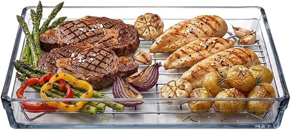 Rectangular Glass Casserole Dish with Stainless Steel Rack, 14.5 Inch