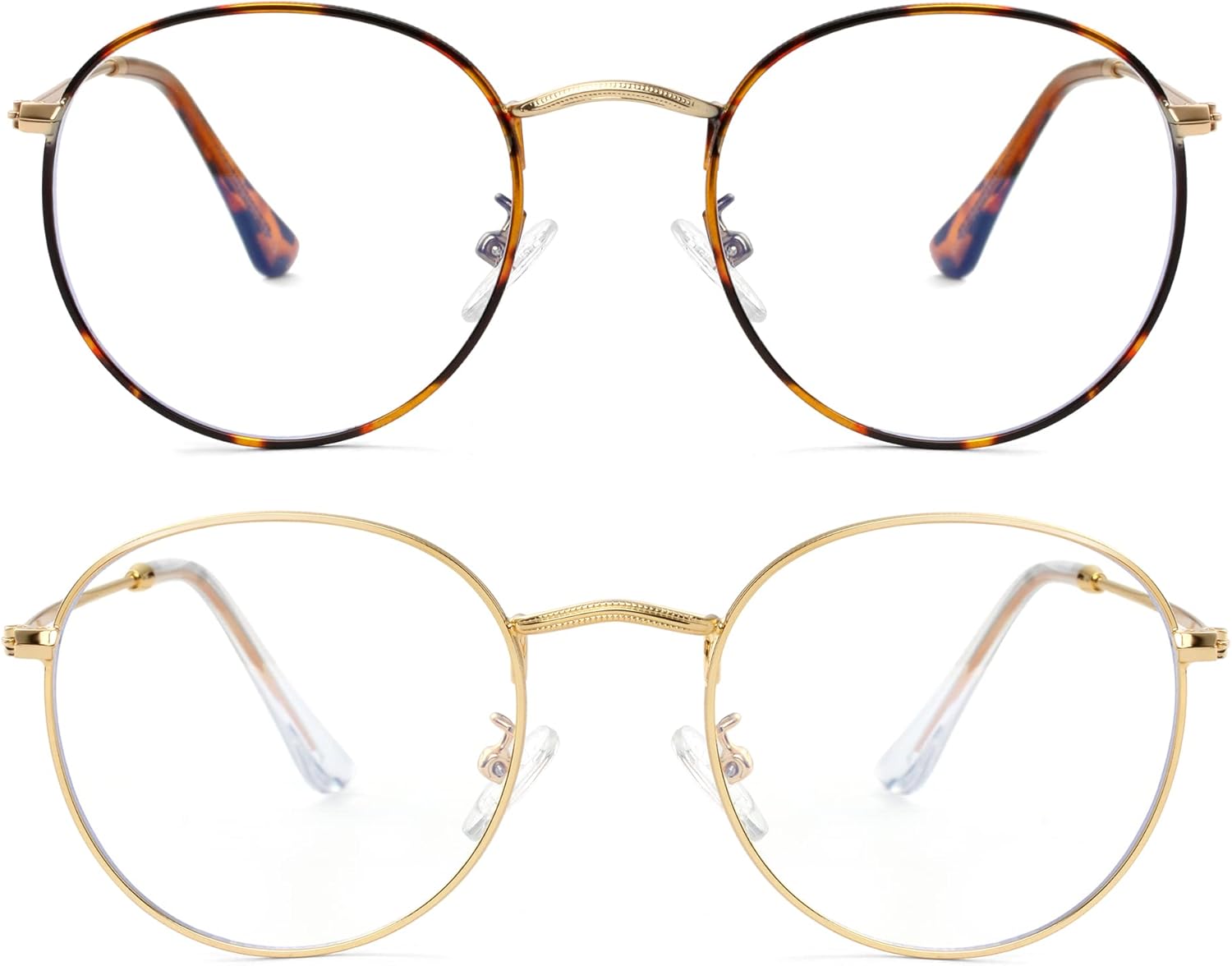 Onrtry Circle Blue Light Glasses for Women Men Round Metal Frame Computer Gaming Eyeglasses 2 Pack
