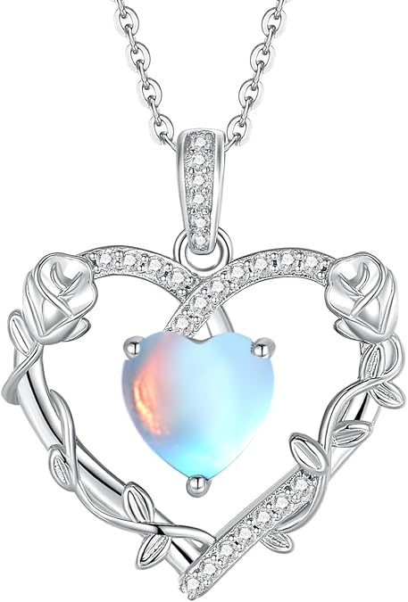 FANCIME Heart Rose Flower Necklace 925 Sterling Silver Birthstone Pendant Created Gemstone Jewellery Anniversary Birthday Christmas Gifts for Women 16+2 Inch