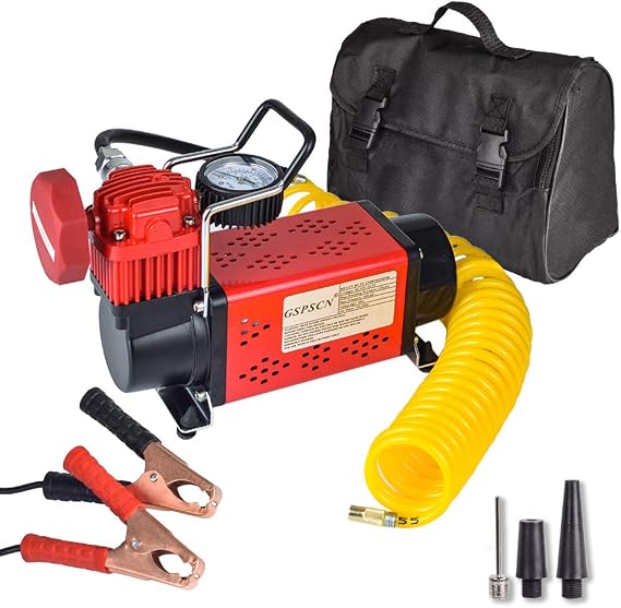 GSPSCN Heavy Duty Tire Inflator 150PSI 12V Portable Air Compressor Pump | Metal Air Pump with 5.5m Extension Air Hose for Car,Pickup, Truck, RV, ATV, Bike,Balls,Lawn Mower and Other Inflatables