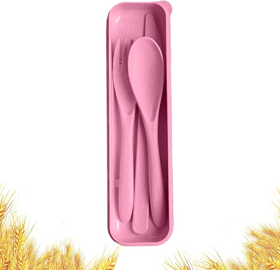 Travel Utensils with Case, Camping Utensil Sets, Wheat Straw Portable Knife Fork Spoons Tableware, Reusable Utensils for Lunch Box (Pink)