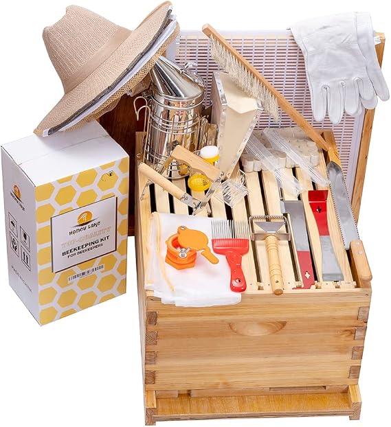 Honey Lake 8 Frame Beehive Starter Kit Beeswax Coated Deep Beehive Box with Frames, Complete Beekeeping Kit for Beginners with Bee Smoker, Hive Tools, Brush, Gloves & Veil Hat