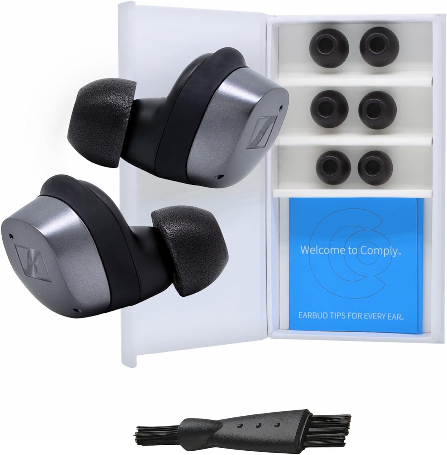 Comply TrueGrip | Premium Memory Foam Replacement Earbud Tips for Sennheiser Momentum 3, 4, ACCENTUM | Enhanced Comfort, Secure Fit, Superior Noise Isolation, Cleaning Tool | Black, Small 3 Pairs