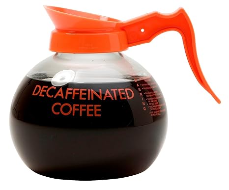 Wilbur Curtis Commercial Coffee Decanter - Impact Resistant - Orange Handle & White Imprint Logo - 64 Ounce Decaf Coffee Decanter - (Each)
