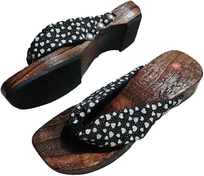 Japanese Traditional Sandals Geta Wooden Clogs Shoes Kimono Shoes Clogs Flip-Flops Slope Heel Slippers for Women,Japanese Floral Slippers Slippers Women Sandals