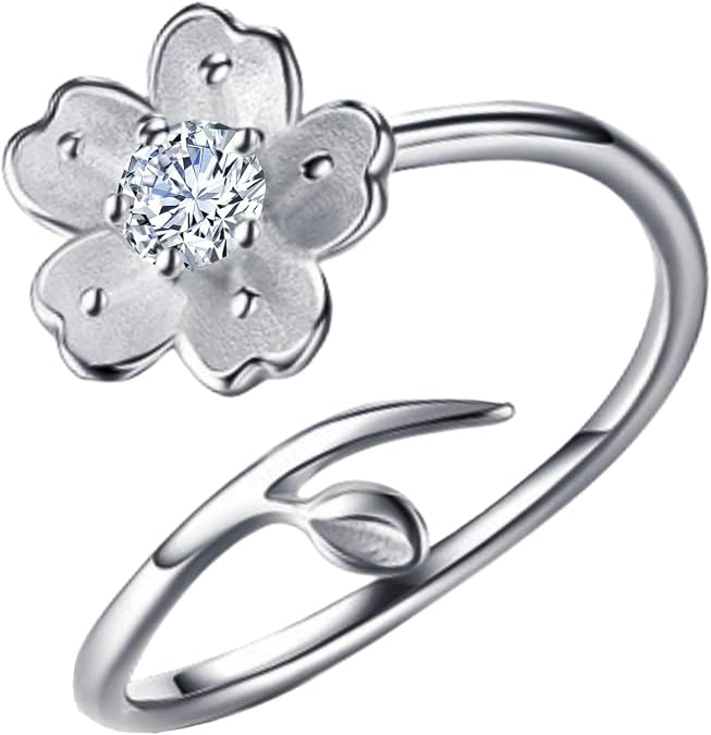 Silver Plated Wedding Engagement Open Band Branch Cherry Blossom Flower Adjustable Ring for Women